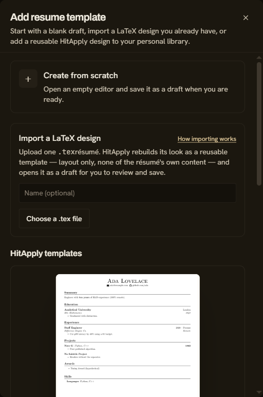 The Add template dialog, showing the Import a LaTeX design option
